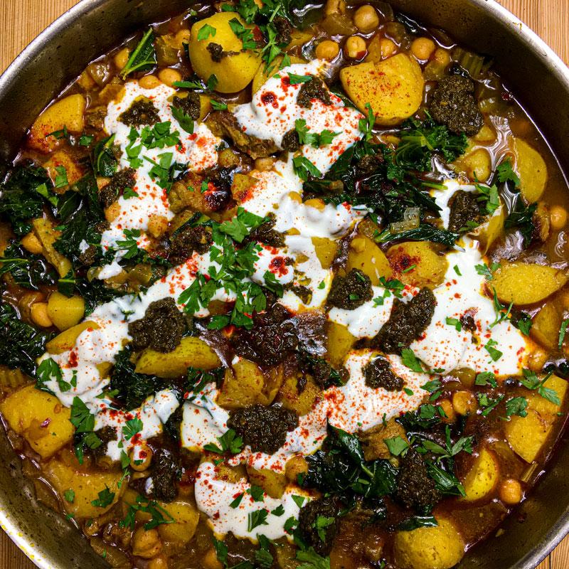 Chermoula Lamb with Potatoes, Chickpeas, Kale & Zhoug By Somerset Foodie