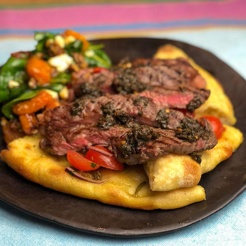 Rib Eye Steak with Chimichurri, Flat Breads, Tomato and Onion Salad by Somerset Foodie